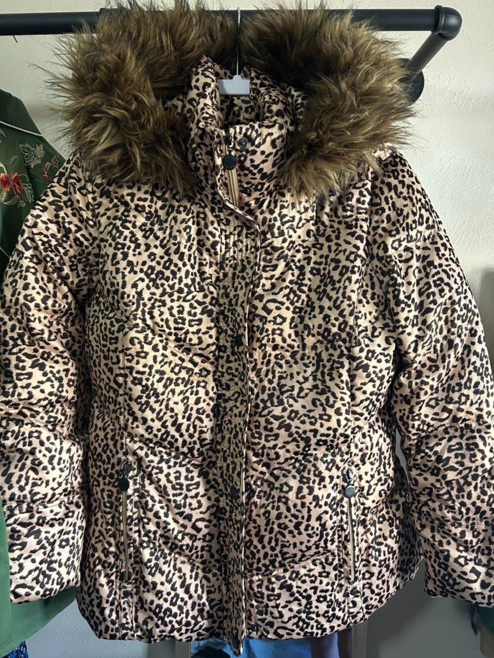Calvin Klein Leopard Print Puffer Coat Faux Fur Hood Women’s L